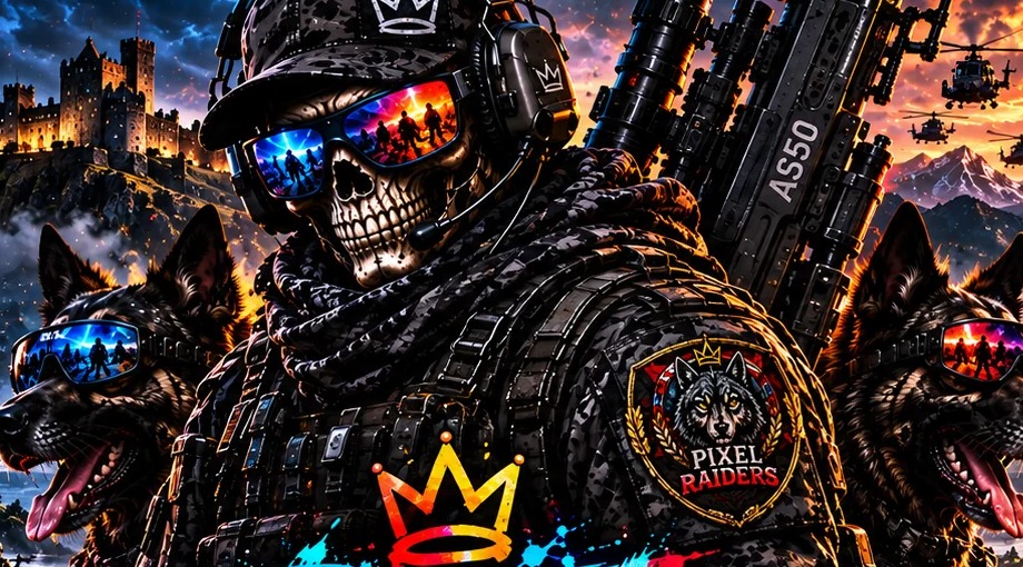 Close-up Pixel Raiders tactical operator and wolf crest artwork